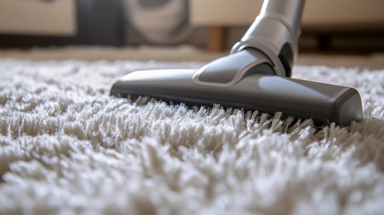 Close-up of a vacuum cleaner cleaning fluffy white carpet