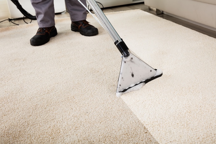 Professional carpet cleaner cleaning a diry white carpet