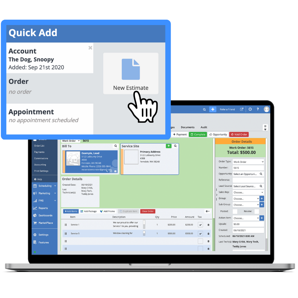 quickly creating a new carpet cleaning bid via the quick add estimate feature
