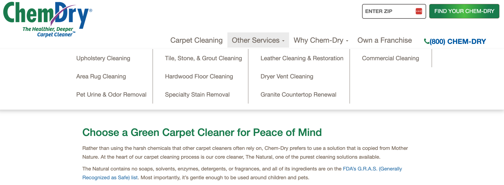 Carpet Cleaning website featuring a menu of specific floor cleaning and restoration services offered