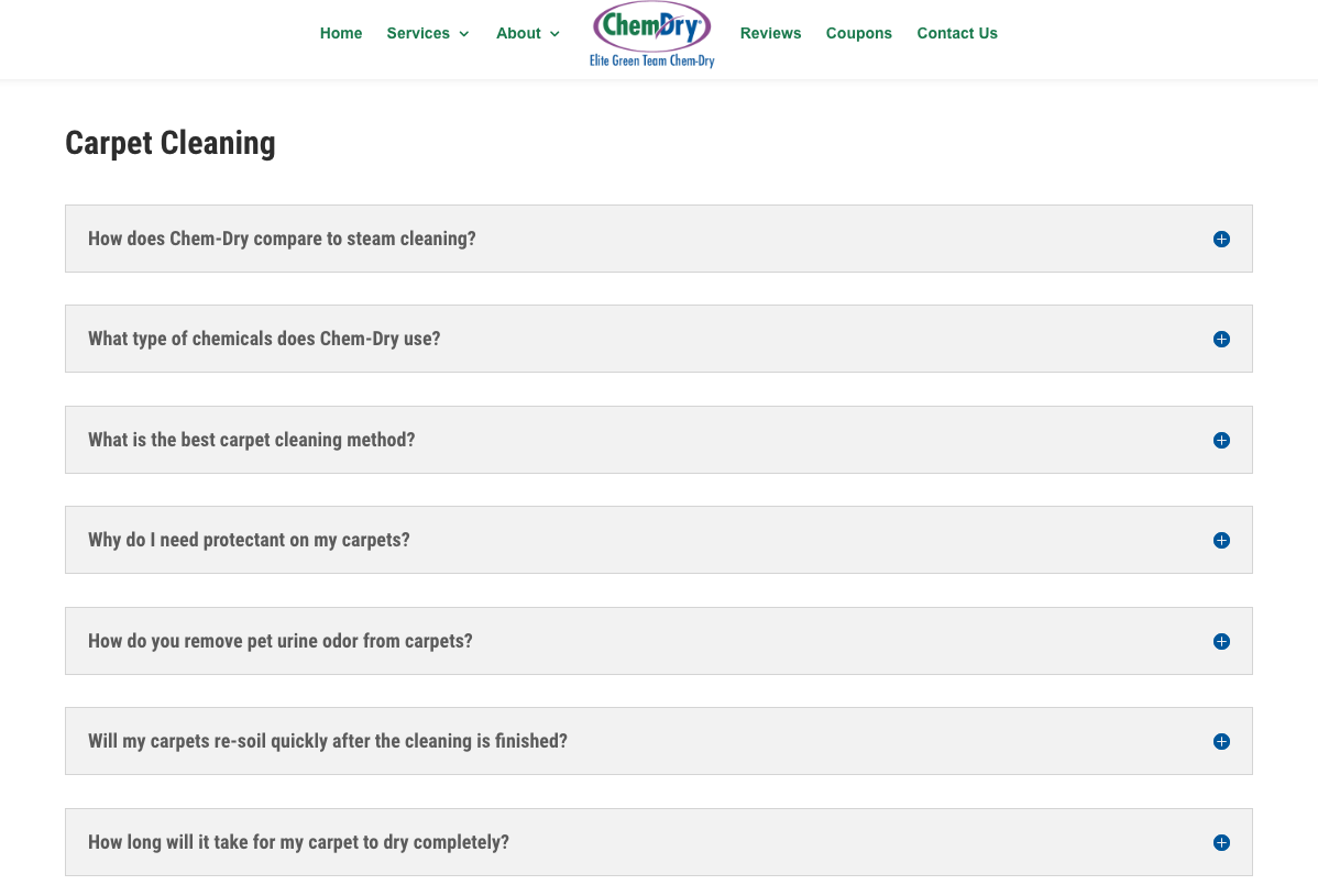 The FAQs page for a carpet cleaning website (ChemDry), containing the most frequently asked questions  