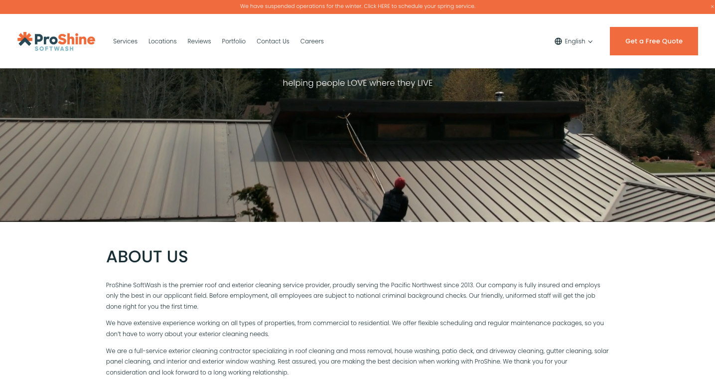 The 'About Us' section for an exterior washing company website, featuring the history of the company