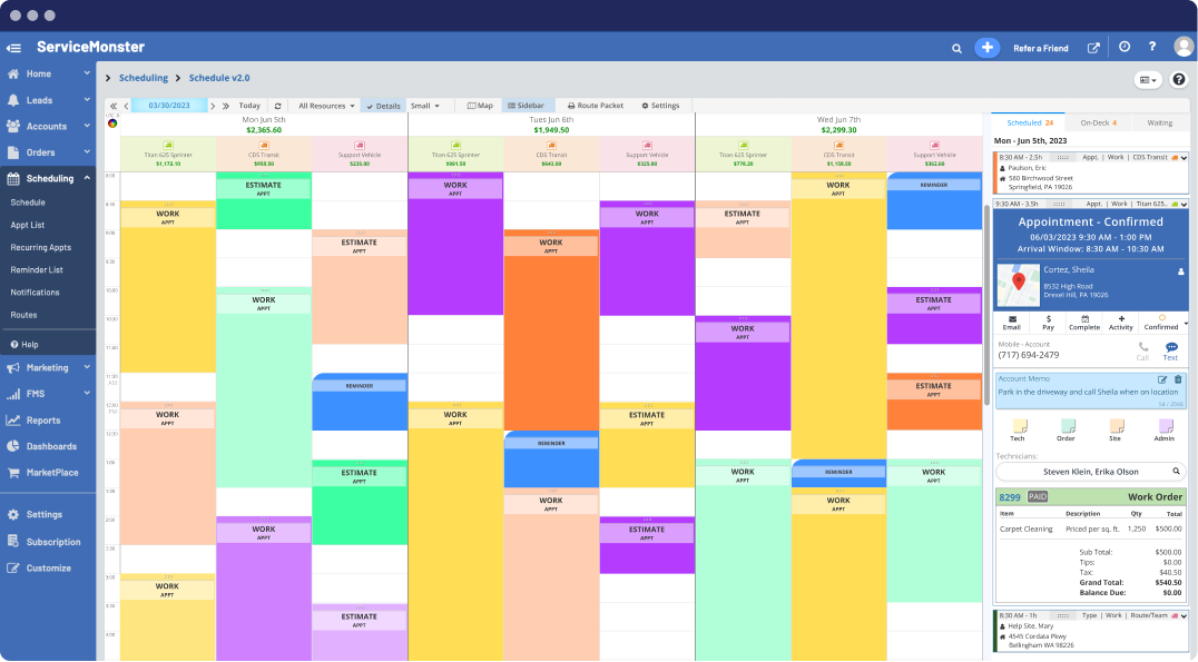 A view of ServiceMonster's schedule