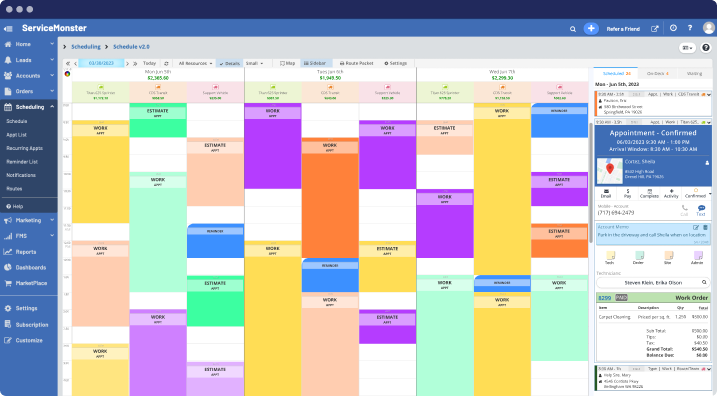 ServiceMonster's schedule view showing a week of appointments for three different routes