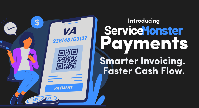 Graphic saying introducing servicemonster payments. smarter invoicing. faster cash flow. click the image top read the blog. 