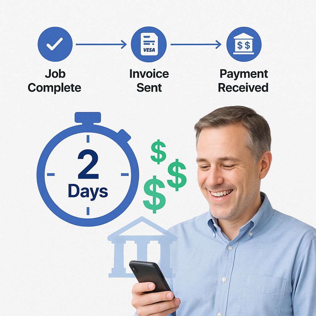 A smiling business owner receives a payment notification while infographic icons show the job-to-payment timeline from job completion to receiving funds within 2 days.