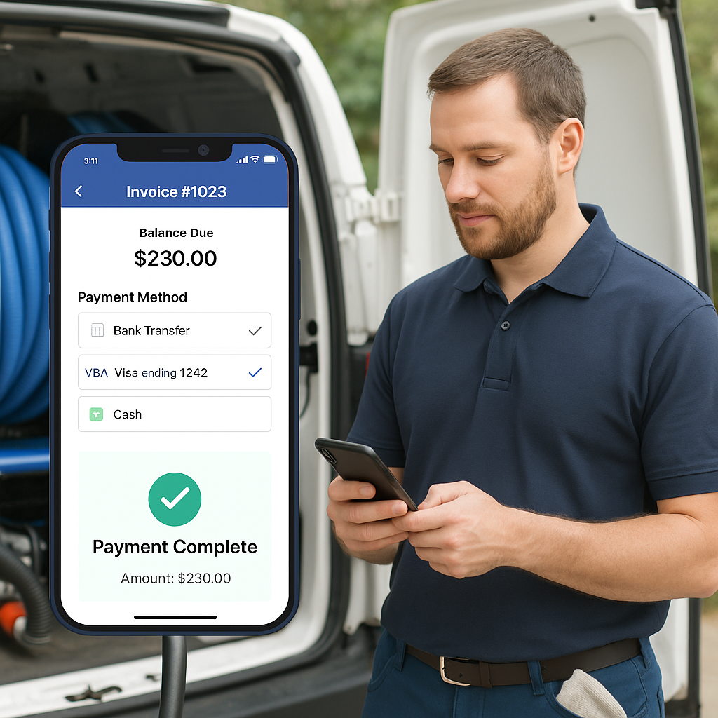 Pressure washing technician using the ServiceMonster mobile app to accept a payment on-site next to a service van, demonstrating real-time invoice processing for field service professionals.