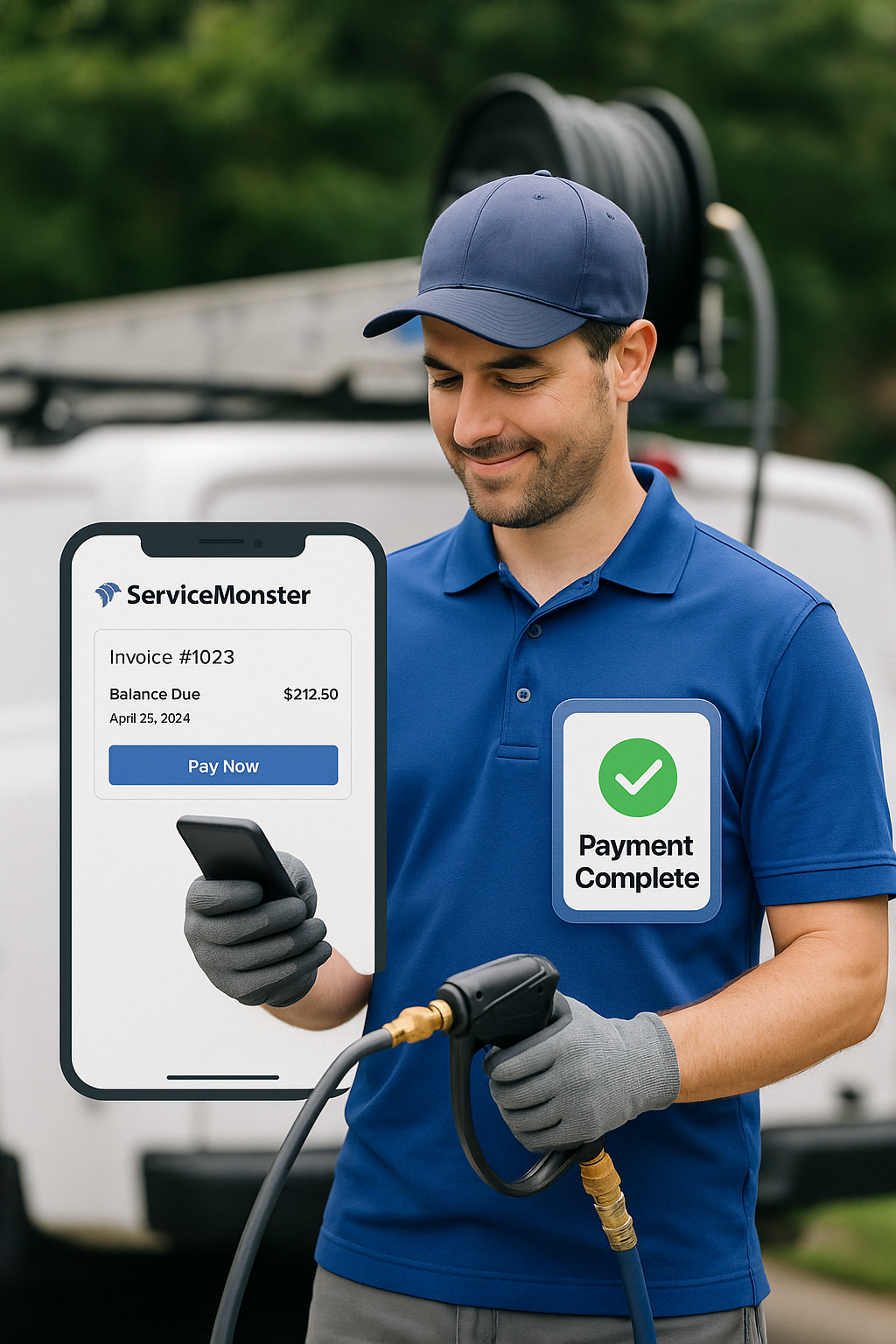 Illustration of a field service technician using the ServiceMonster mobile app to complete a $320 payment on-site, with icons for Visa, Mastercard, AMEX, Discover, and QuickBooks, highlighting 2-day payouts and integrated CRM-to-bookkeeping syncing.