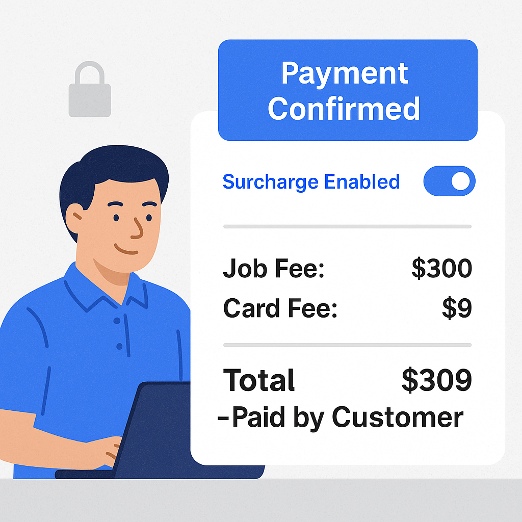 Flat-style illustration of a ServiceMonster user viewing a payment confirmation screen with surcharging enabled, showing a job fee of $300, a card fee of $9, and a total of $309 paid by the customer, highlighting cost recovery for service businesses.